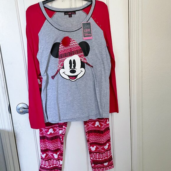 NEW LIVE LOVE DISNEY Juniors 2 Pc Fleece Mickey Mouse FairIsle Pajamas M NWT - Picture 1 of 9